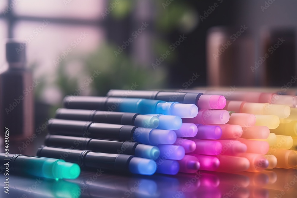 Aufkleber a row of multicolored pens sitting on a table next to a bottle of water and a window with a plant in