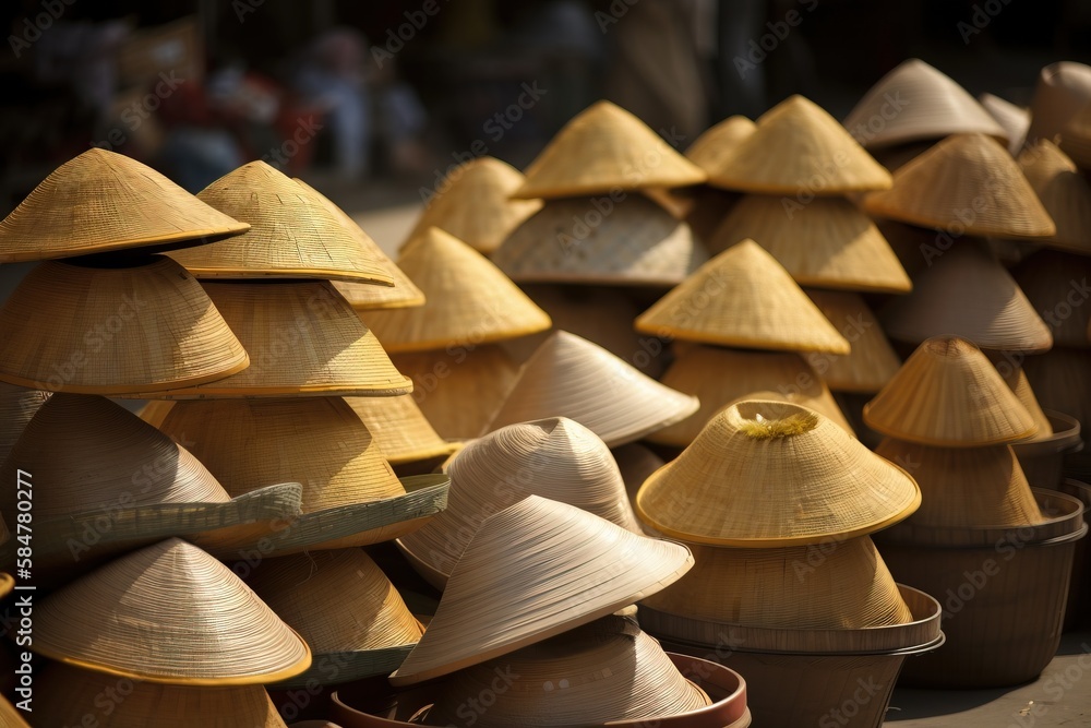 Poster a bunch of hats that are sitting on the ground together in a row on the ground in front of a storefr
