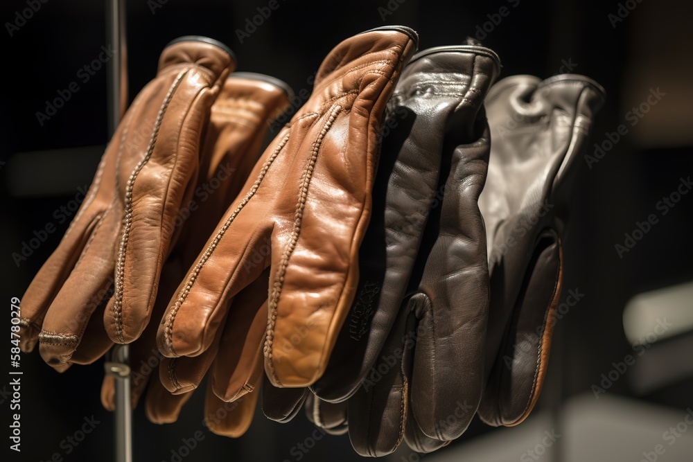 Poster a row of leather gloves hanging from a hook in a store display case, with a black background and a b