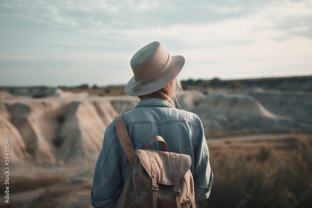 Poster a person with a backpack and a hat walking away from the camera in a desert area with a mountain in 