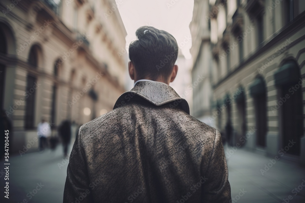 Poster a man walking down a street next to a tall building with a clock on the side of it's face and a coat