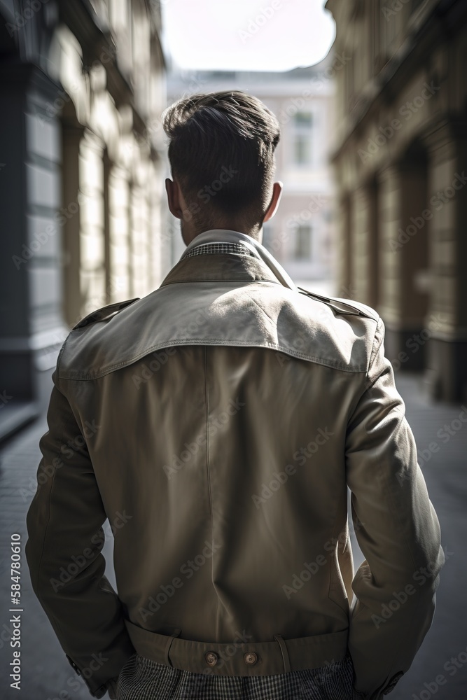 Poster a man in a trench coat walking down a street next to a tall building with a clock on the side of it'
