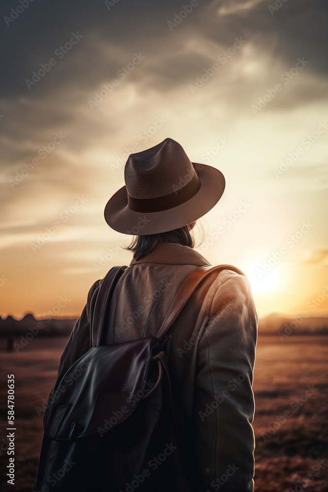 Poster a person wearing a hat and backpack looking at the sun set in the distance with a field in the backg