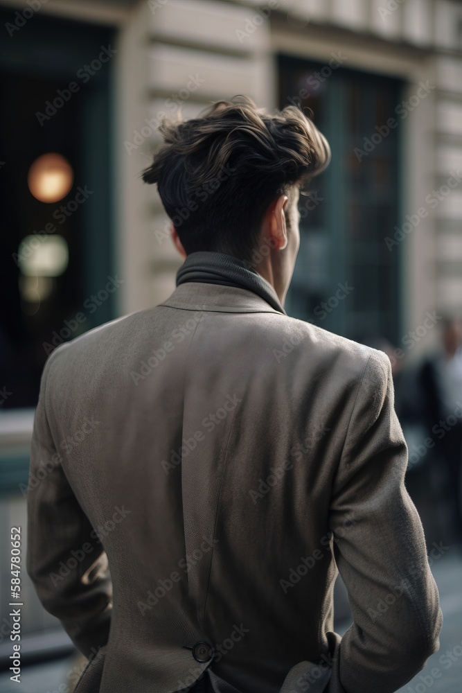 Poster a man in a suit walking down a street next to a building with a clock on the side of the street and 