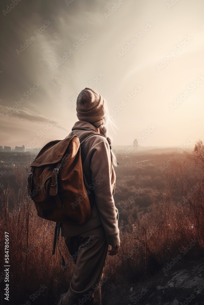 Poster a person with a backpack looking out over a field of tall grass and trees in the distance, with the 