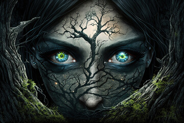 Dark spooky old forest and beautiful witch with black spooky eyes. Ai generated. 