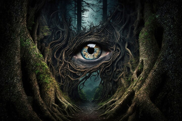 Dark spooky old forest and beautiful witch with black spooky eyes. Ai generated. 