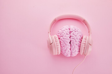Music brain and musical therapy. Human brain with headphones