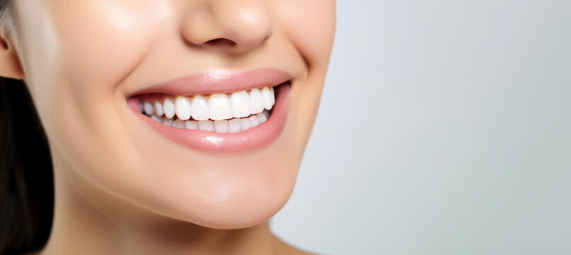 Dental care, beautiful smile of healthy woman, white teeth coloseup, dentist tooth whitening, generative ai