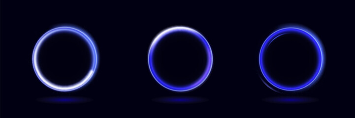 Obraz premium Neon swirl. Curve blue line light effect. Abstract ring background with glowing swirling background. Energy flow tunnel. Blue portal, platform. Magic circle vector.