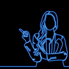 Continuous line drawing woman showing something icon neon glow vector illustration concept