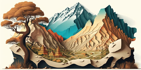 A Tibetan landscape with a monastery. Art. Ai generated.