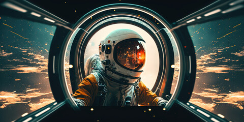 Man in spacesuit is travelling through the timeline. Ai generated. 