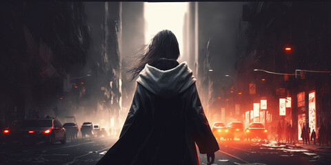 A girl in a cape in a hurry walks through the streets in post apocalyptical city. Ai generated.