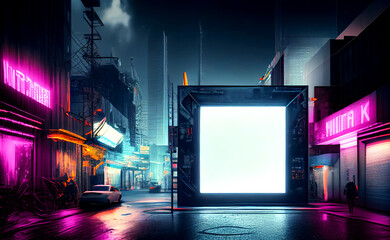 Neon future Illustration sketch of the futuristic city in the style of cyberpunk. Empty street with neon lights and big glowing billboard mockup. Night cityscape. Generative ai.