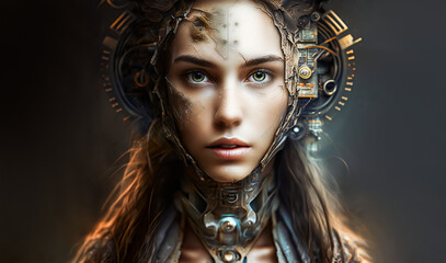 Cyborg girl half human half machine in sunset light, generative AI.