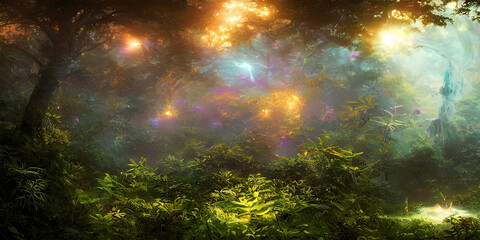 Obraz na płótnie Canvas Enchanting Mystical Forest with Glowing Lights - Stock Illustration