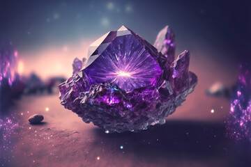 Fototapeta premium Amethyst druze crystal. Magic gemstones for esoteric spiritual practice, Healing, Witchcraft, reiki therapy. Generative AI illustration