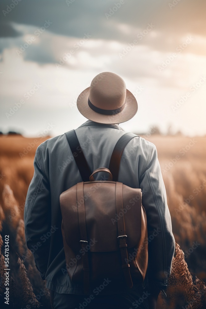 Aufkleber a man in a hat and backpack walking through a field of tall grass with a cloudy sky in the backgroun