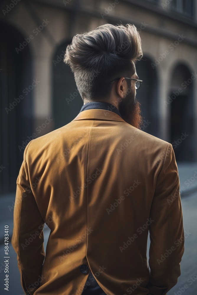 Aufkleber a man with a long beard and glasses standing on a street with his back to the camera and looking off