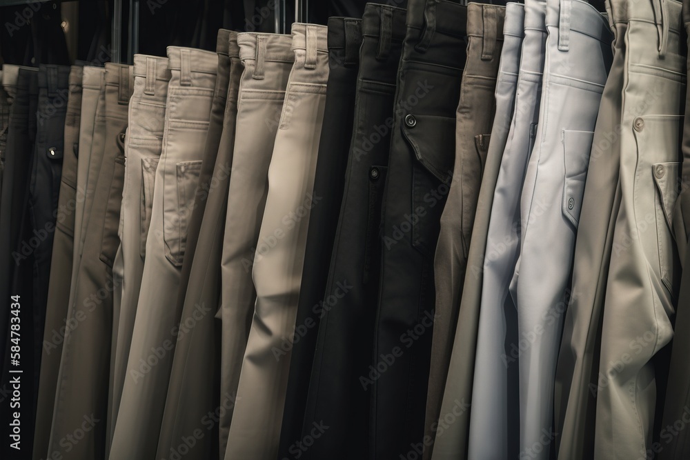 Poster a row of pants hanging on a rack in front of a wall of other pants in a store or office building, al
