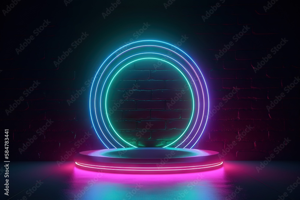 Poster a neon sign with a brick wall in the background and a neon light in the middle of the frame on a cir