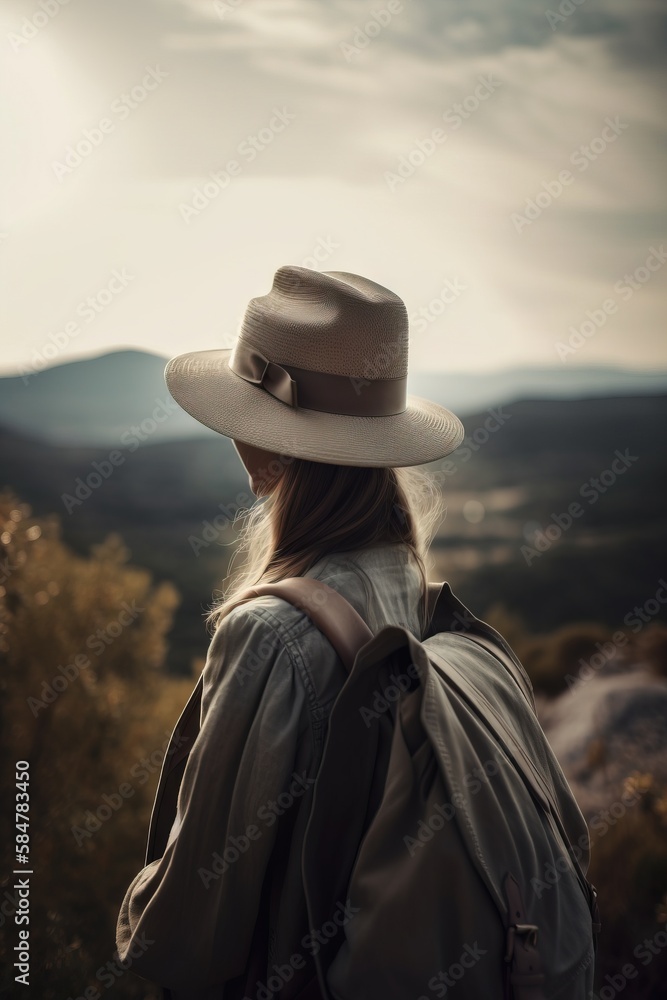 Poster a woman with a backpack and a hat looking at the mountains in the distance with a cloudy sky in the 