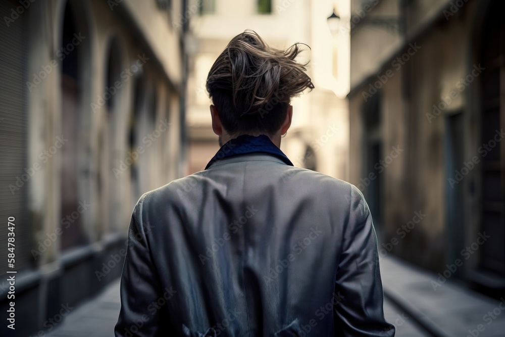 Poster a man walking down a street next to a tall building with a clock on the side of it's face and a cloc
