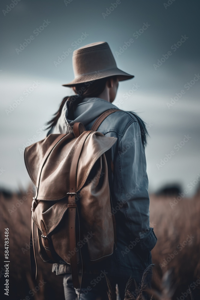 Poster a man with a hat and a backpack walking through a field of tall grass in the distance is a dark sky 