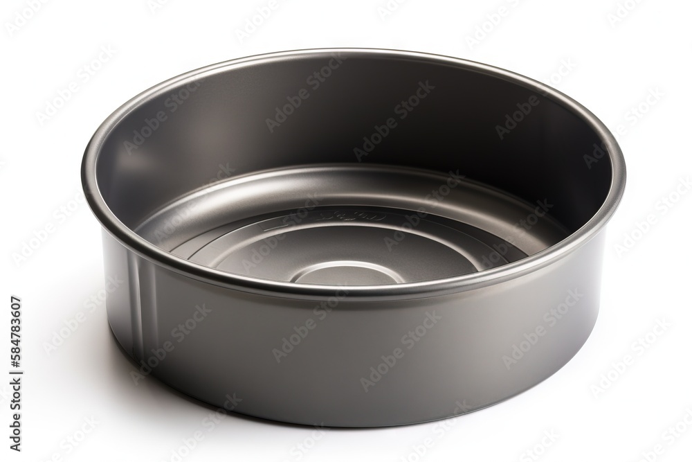 Poster a metal pan with a lid on a white background with a reflection of the lid on the bottom of the pan a