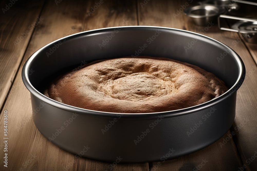 Poster a cake pan with a cake inside of it on a wooden table next to a pair of utensils and a spoon on the 