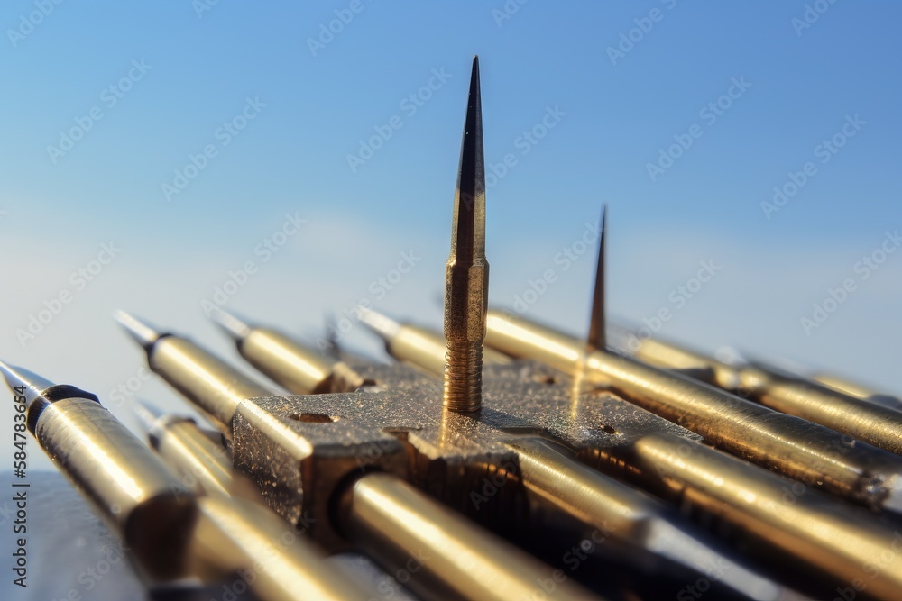 Poster a close up of a metal object with a lot of screwdrivers on it's side and a sky background with a few