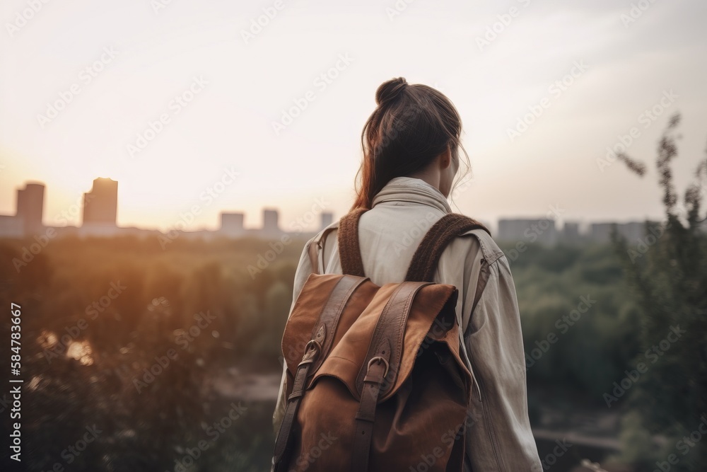 Poster a woman with a brown backpack looks out over a city at the sun set in the distance with buildings in