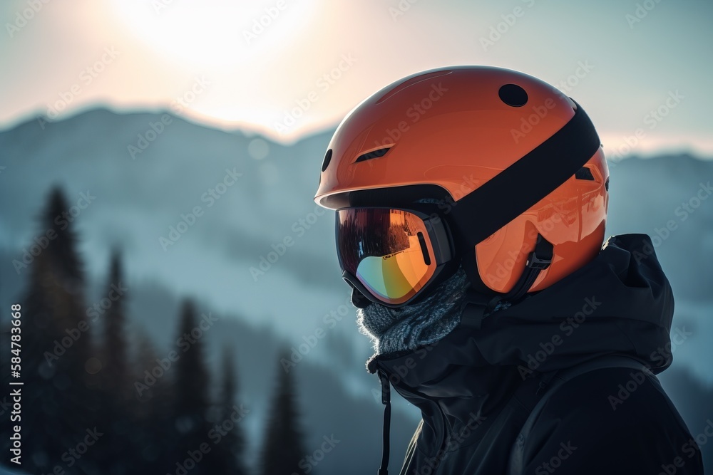 Poster a person wearing a helmet and goggles standing in the snow in front of a mountain with trees and a b