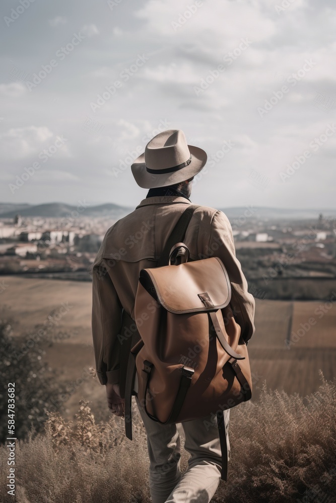 Poster a man with a hat and a backpack walking through a field of tall grass with a city in the distance in