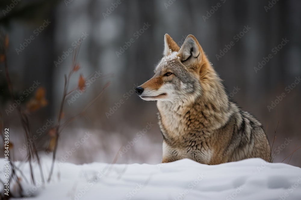Poster a lone wolf sitting in the snow in a forest with trees in the background and snow on the ground and 
