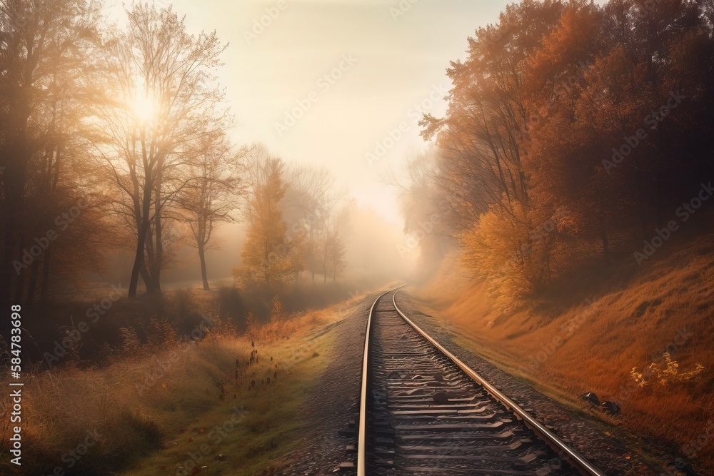 Aufkleber a train track in the middle of a field with trees on both sides of the track and fog in the air abov