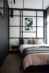 Mock up of modern designed bed room, bed, frame, decoration, generative ai