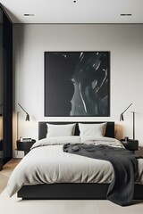 Mock up of modern designed bed room, bed, frame, decoration, generative ai