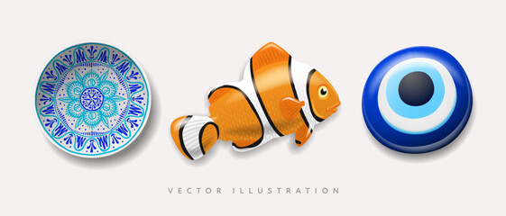 Set of travel magnets blue evil eye clownfish blue arabic pattern plate, vector