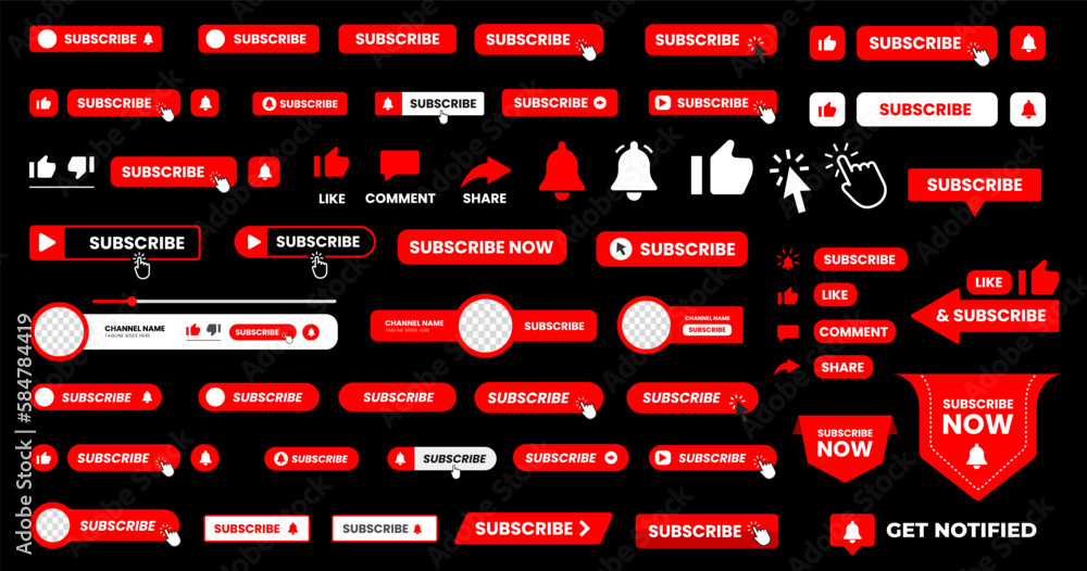 Wall mural set of big mega collection youtube subscribe button with hand click icon. subscribe, bell button and