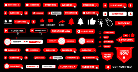 set of big mega collection youtube Subscribe button with hand click icon. Subscribe, bell button and hand cursor bundle. Red button subscribe to channel, blog. Social media background. - obrazy, fototapety, plakaty