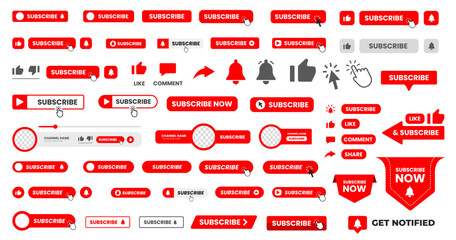 set of big mega collection youtube Subscribe button with hand click icon. Subscribe, bell button and hand cursor bundle. Red button subscribe to channel, blog. Social media background.