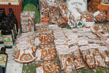 August 11, 2019. Istra, Moscow region. Fair of cheeses and farm products. Izborsky gingerbread and sbiten on display. Handmade printed gingerbread cookies. Small business