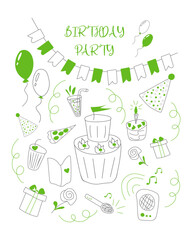 vector illustration Happy birthday doodle set. party with cakes, drinks and presents