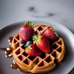 Belgian waffle with fruits and syrup