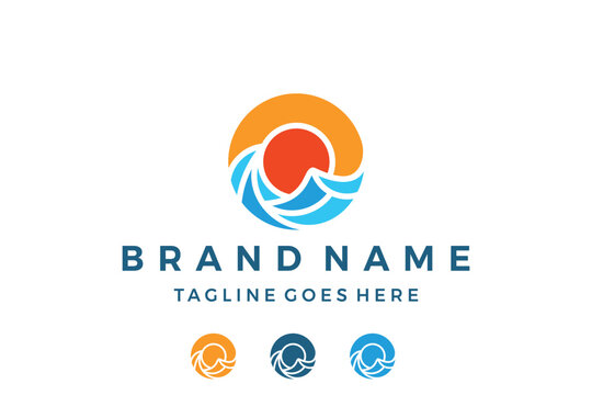 Beach or coast logo design in simple sun and ocean shape vector template