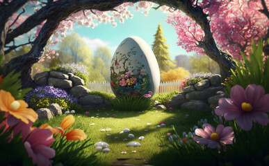 Easter egg hunt in a blooming spring garden
