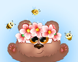 Cute fluffy cartoon funny little brown bear with wreath of flowers and flying bees.