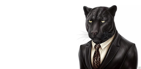 portrait of a black panther in a suit on a white background. AI generated